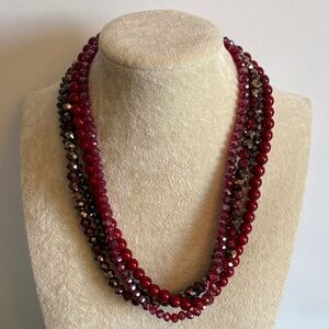 Cranberry Red Multi Strand Faceted Bead Necklace Statement Jewelry